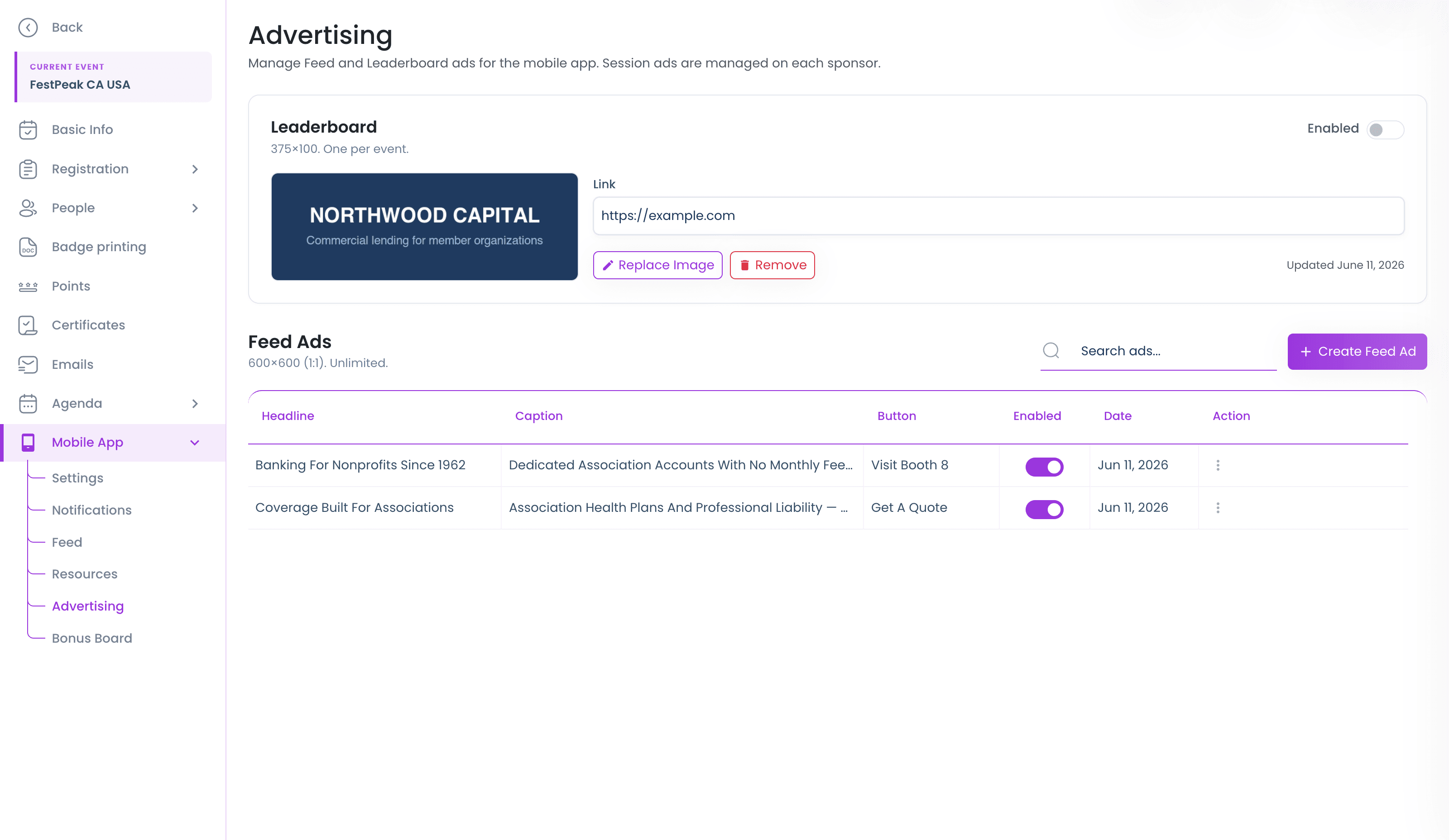 The advertising console — leaderboard banner slot and unlimited feed ads with per-ad enable toggles