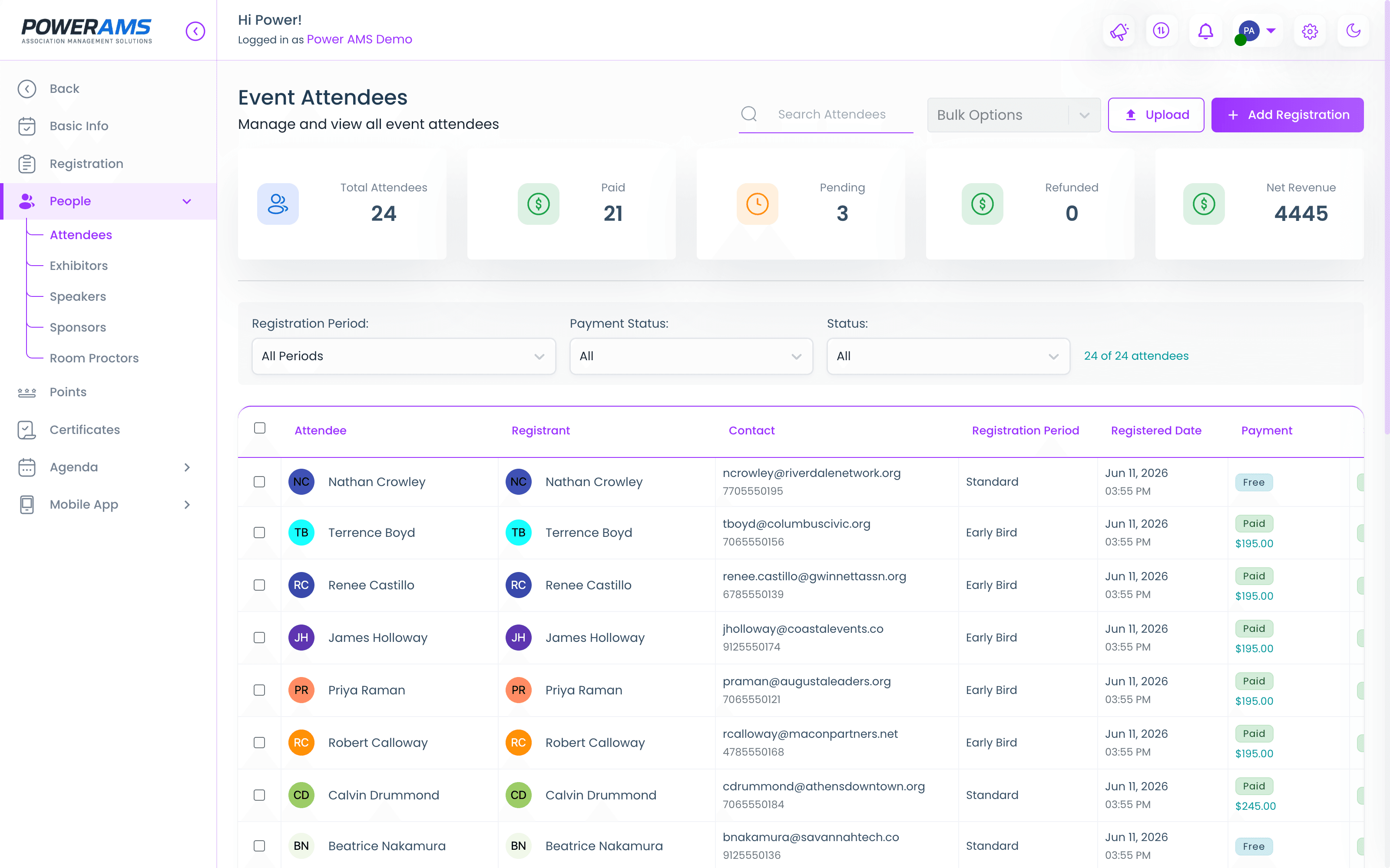The attendee console — live totals for paid, pending, refunded, and net revenue above the full roster