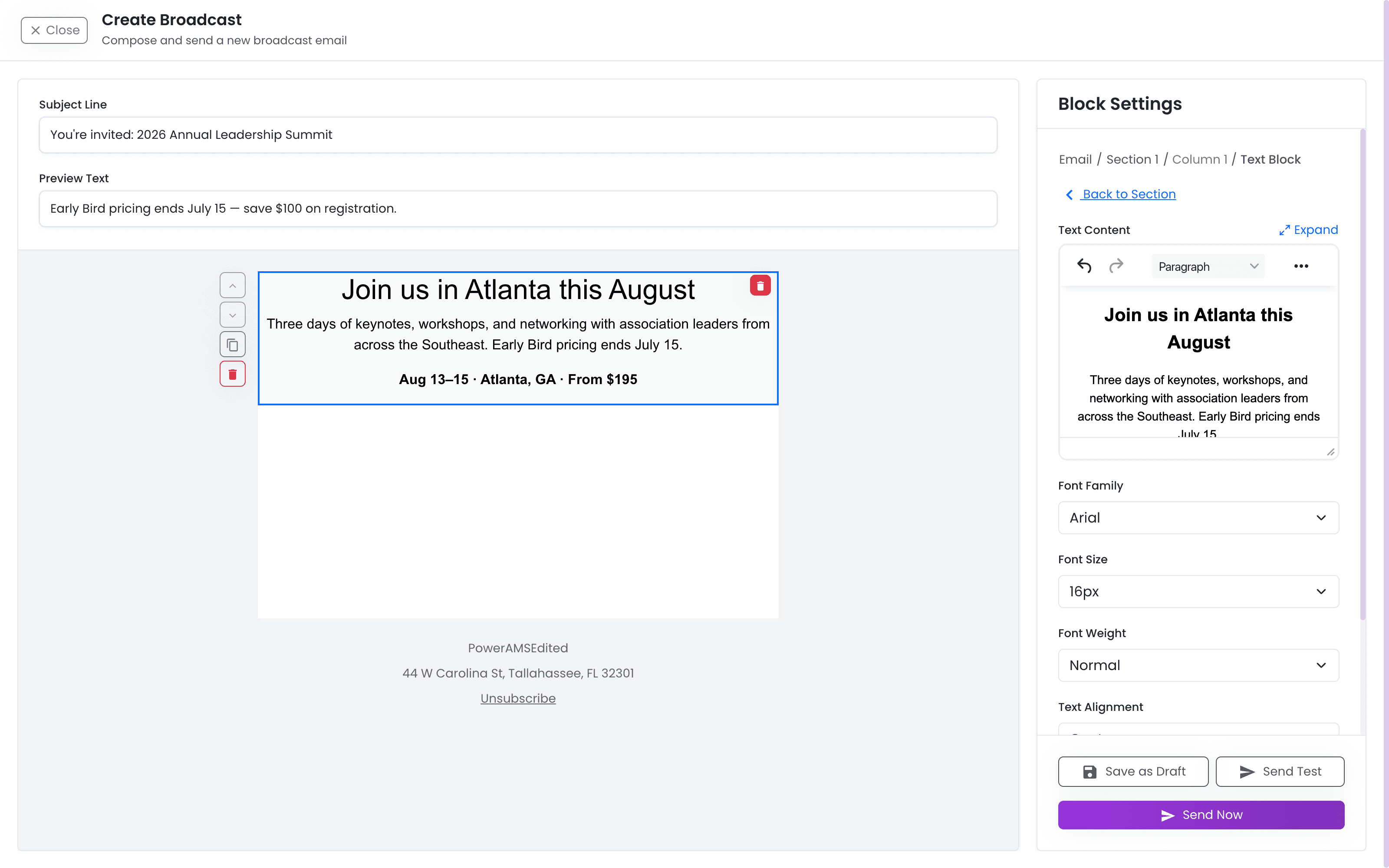 The broadcast composer — drag-and-drop email builder with live preview, segment targeting, scheduling, and test sends