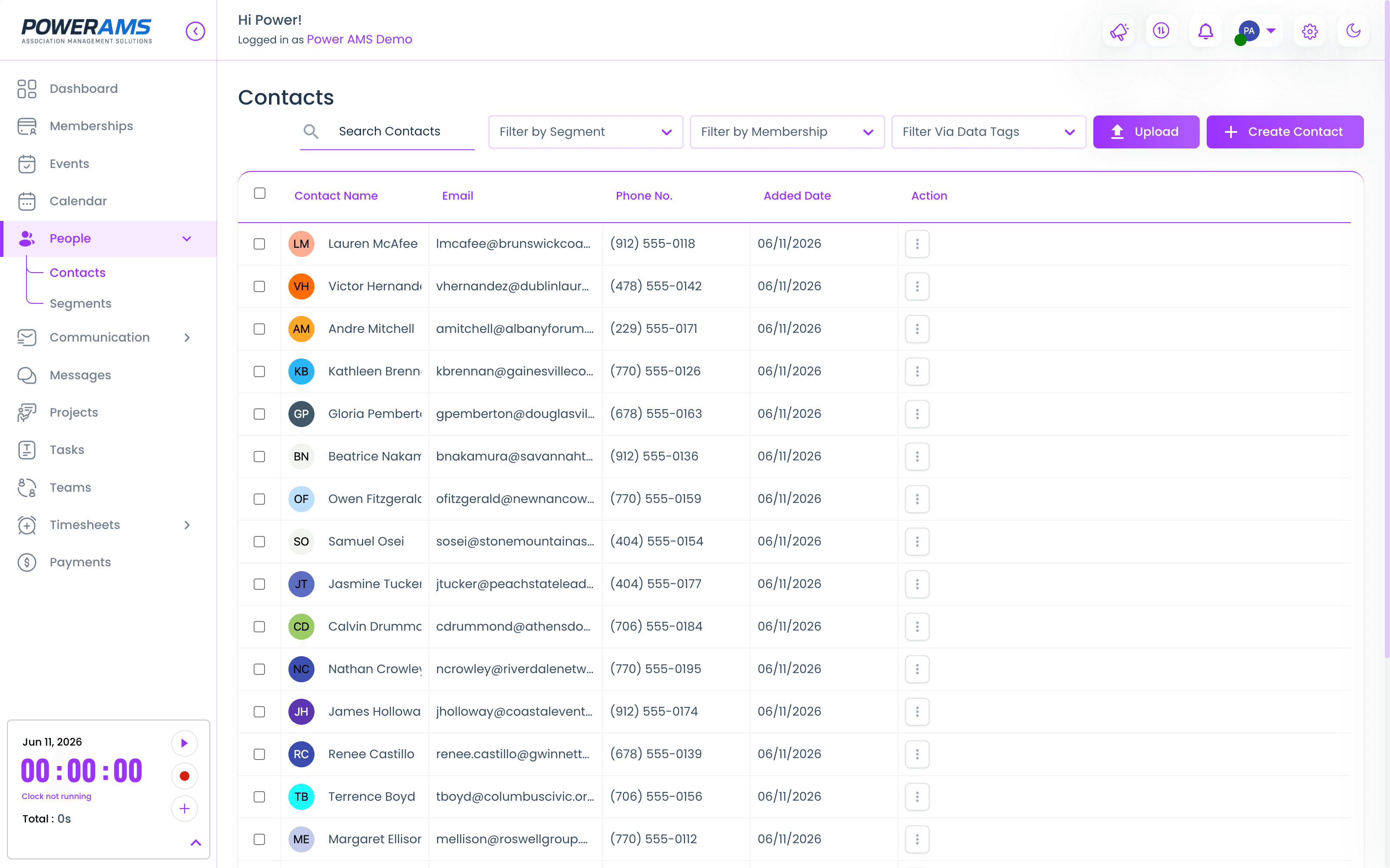 The PowerAMS contacts database — every member with segment, membership, and tag filters in one table