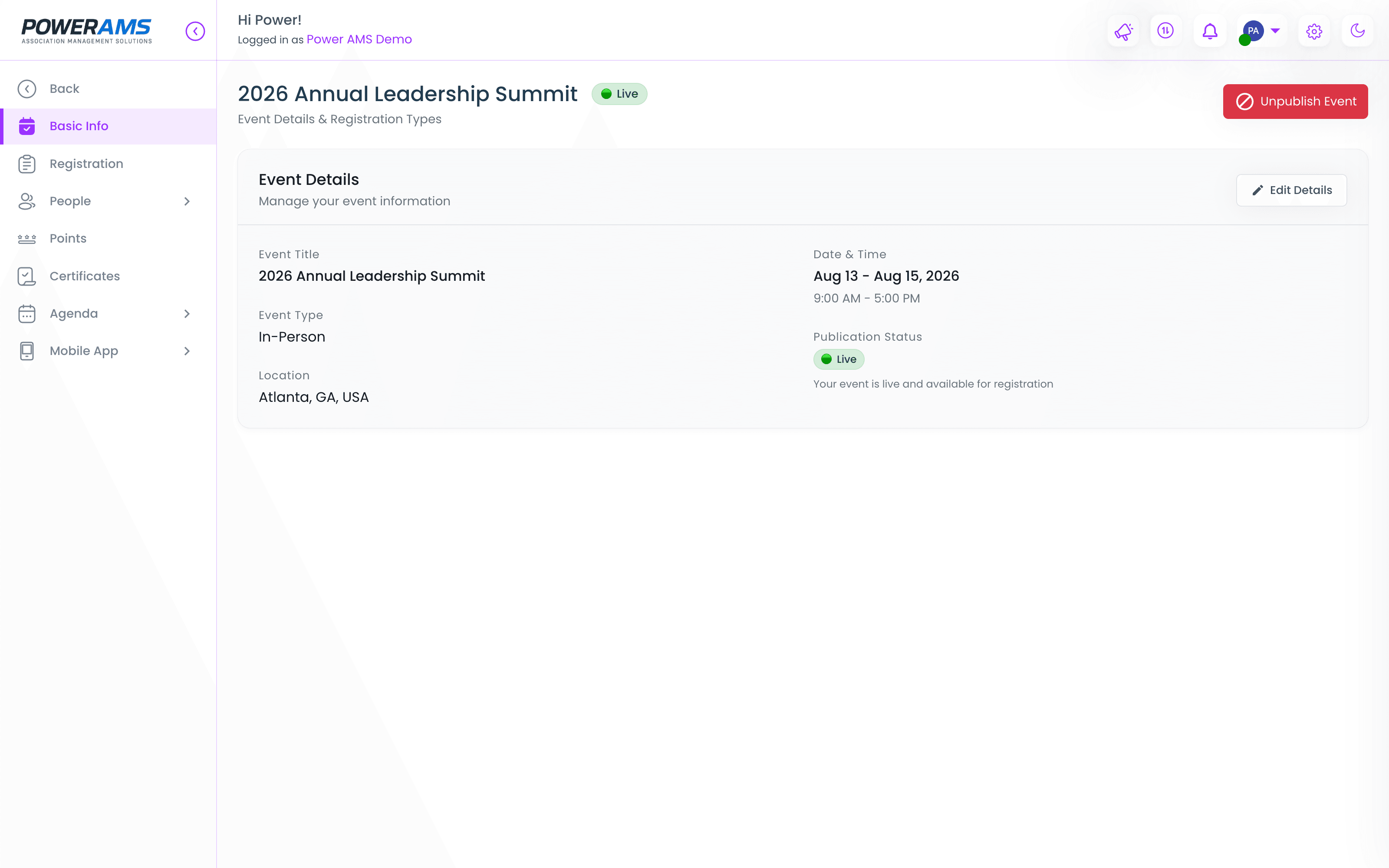 A live event in the PowerAMS console — details, registration types, agenda, certificates, and the event app in one place
