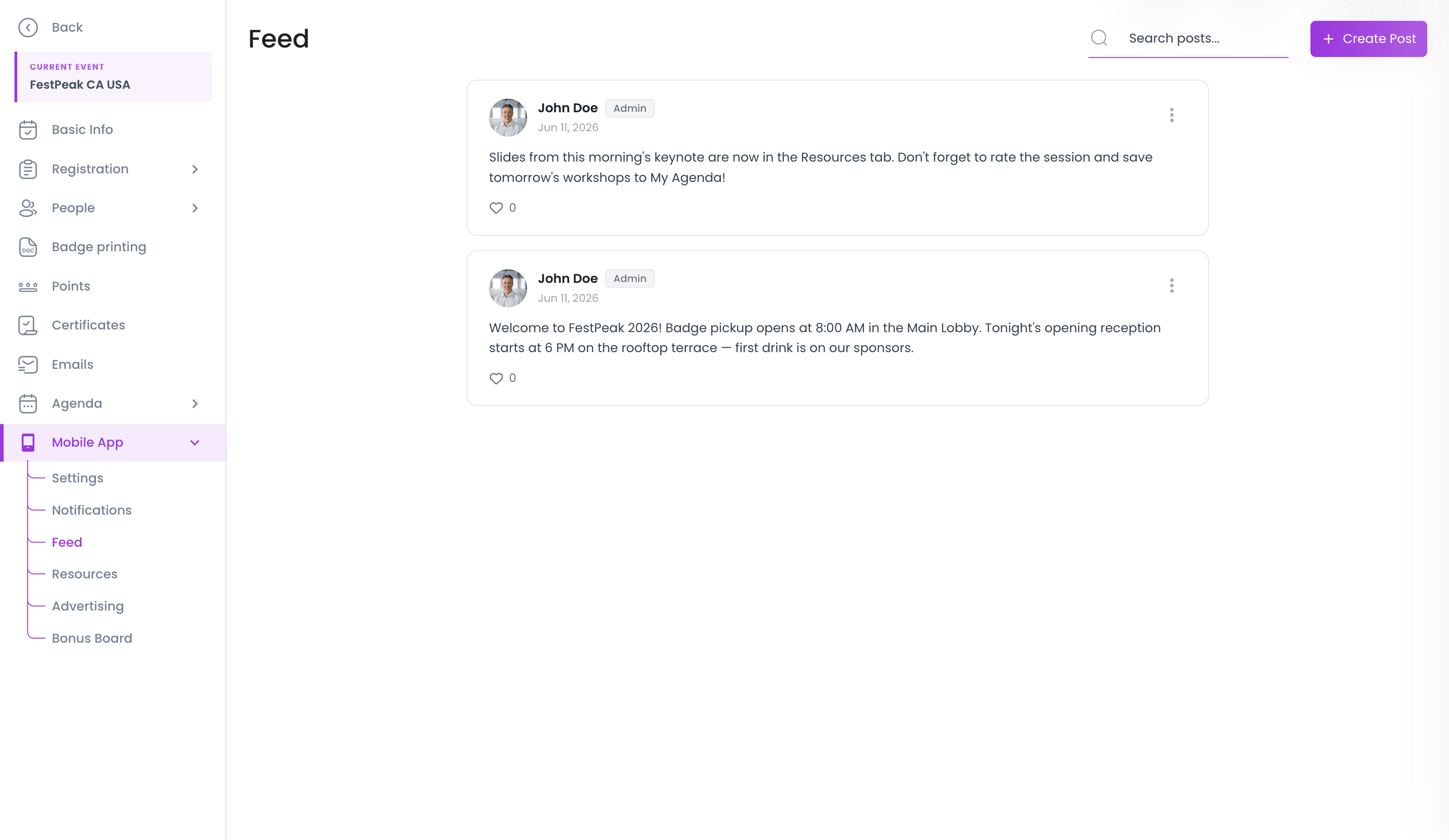 The event feed — posts published from the console appear in every attendee's app