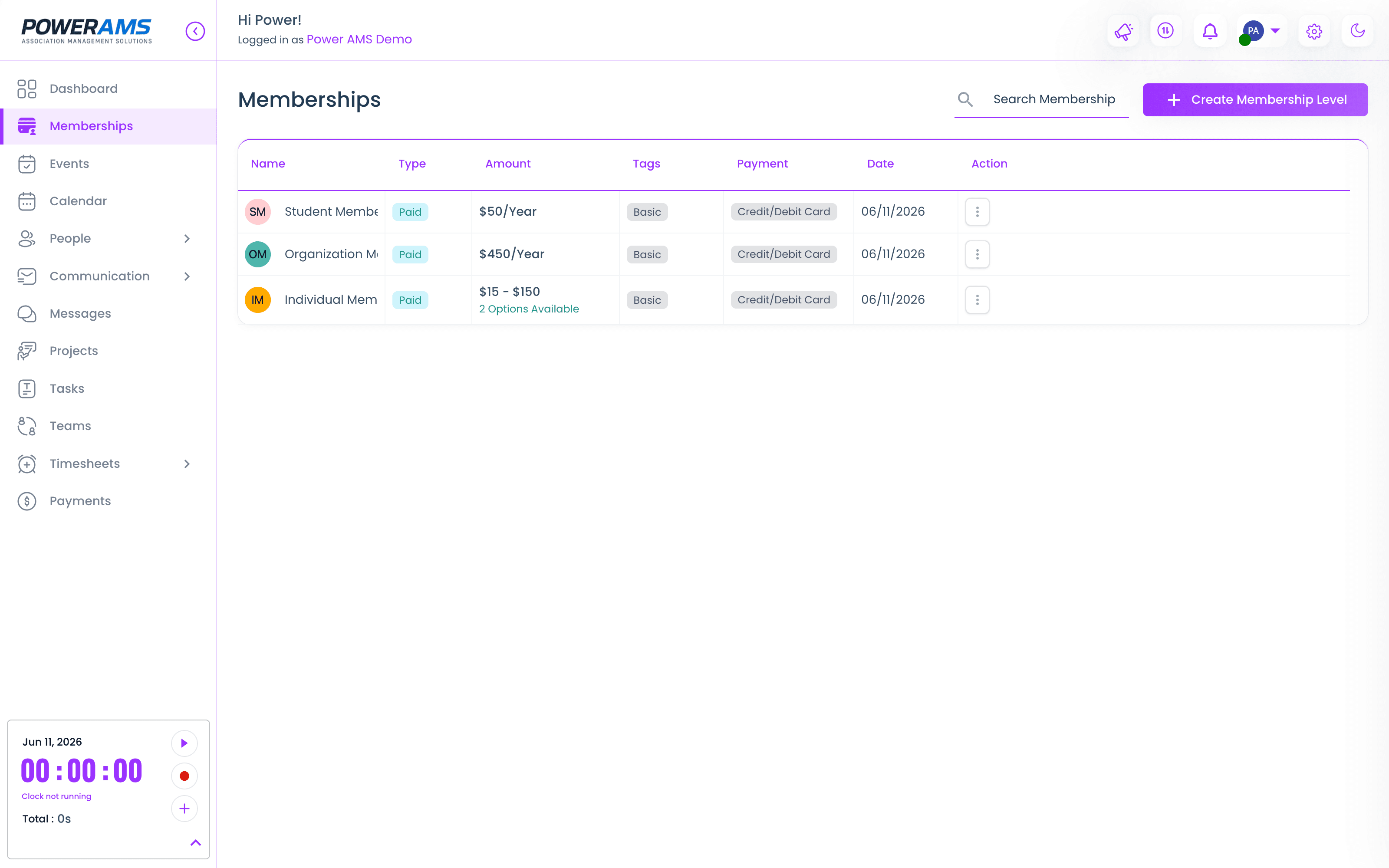 Membership levels in PowerAMS — tiered pricing with yearly and monthly billing options