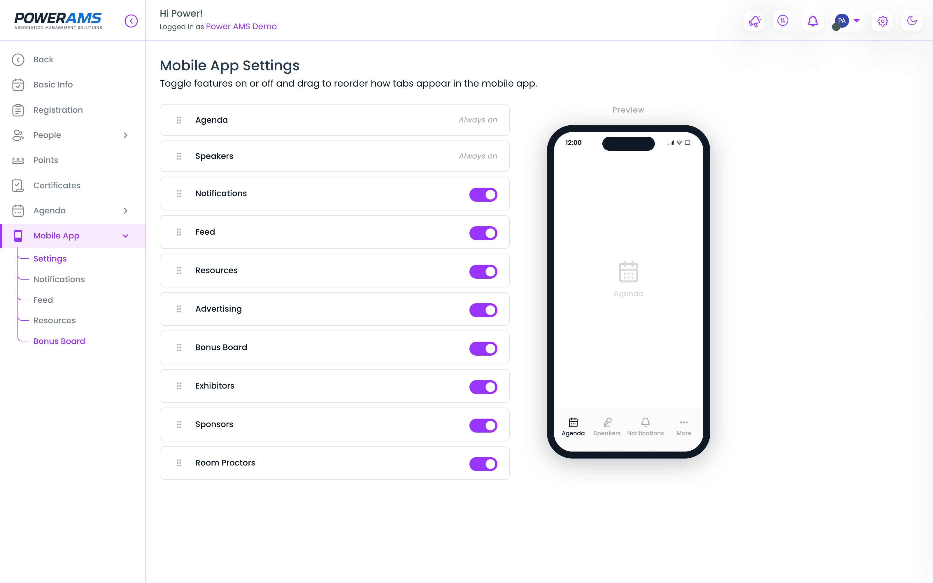 Mobile app settings in PowerAMS — toggle features on or off with a live phone preview of the attendee app