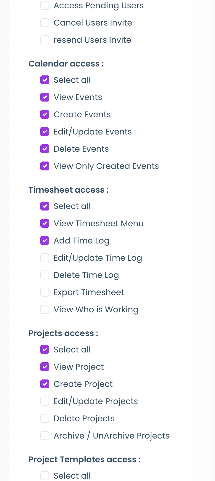 Per-user permissions in PowerAMS — granular access toggles for calendar, timesheets, projects, and more