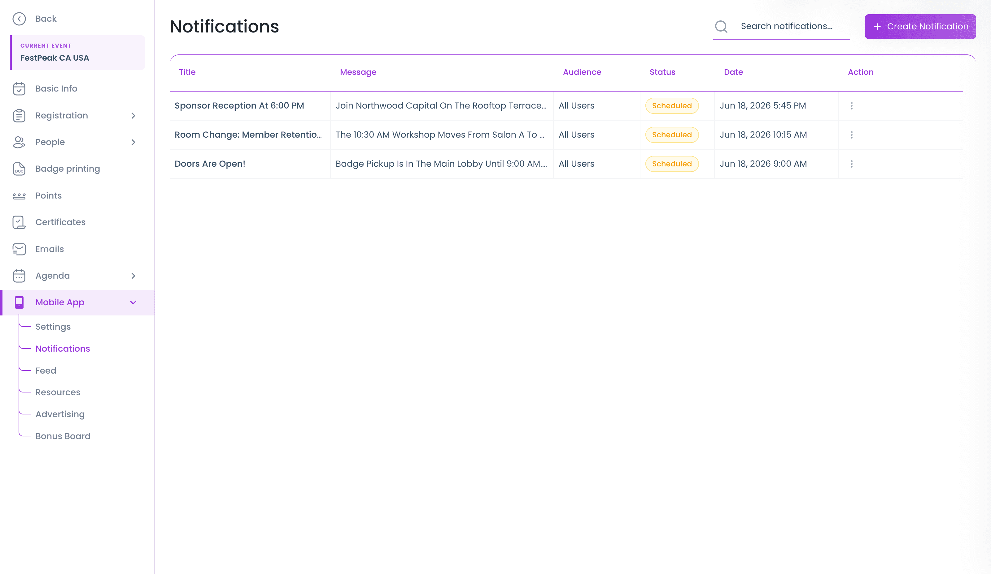 Scheduled push notifications — doors-open, room-change, and reception alerts queued for send