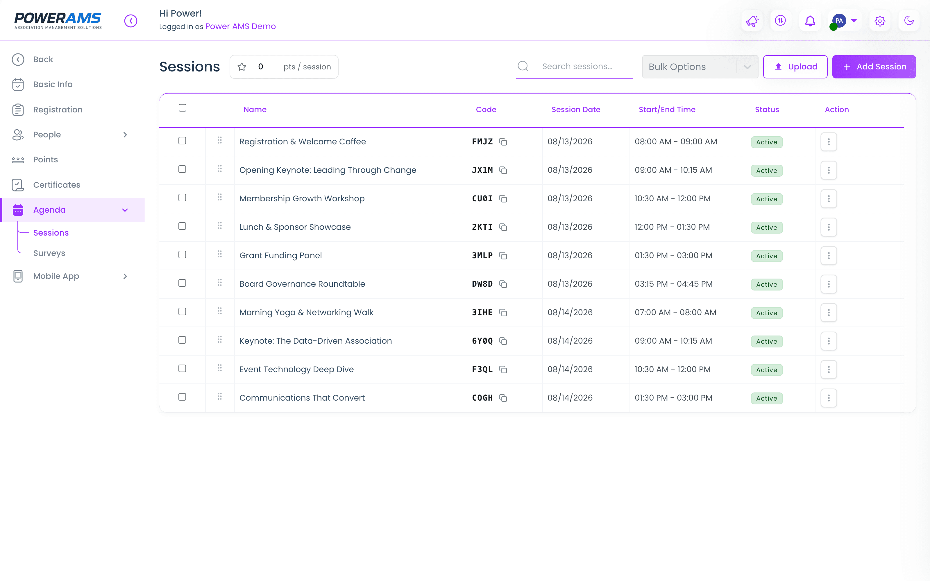 The session manager — a multi-day agenda with per-session credit values, codes, dates, times, and live status