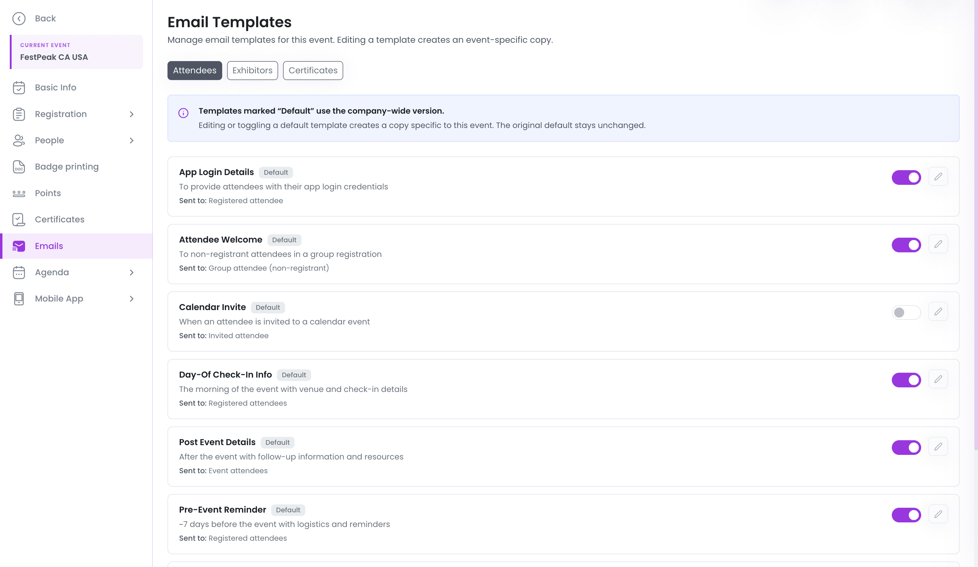 The email template registry — lifecycle templates with on/off toggles; editing one creates an event-specific copy