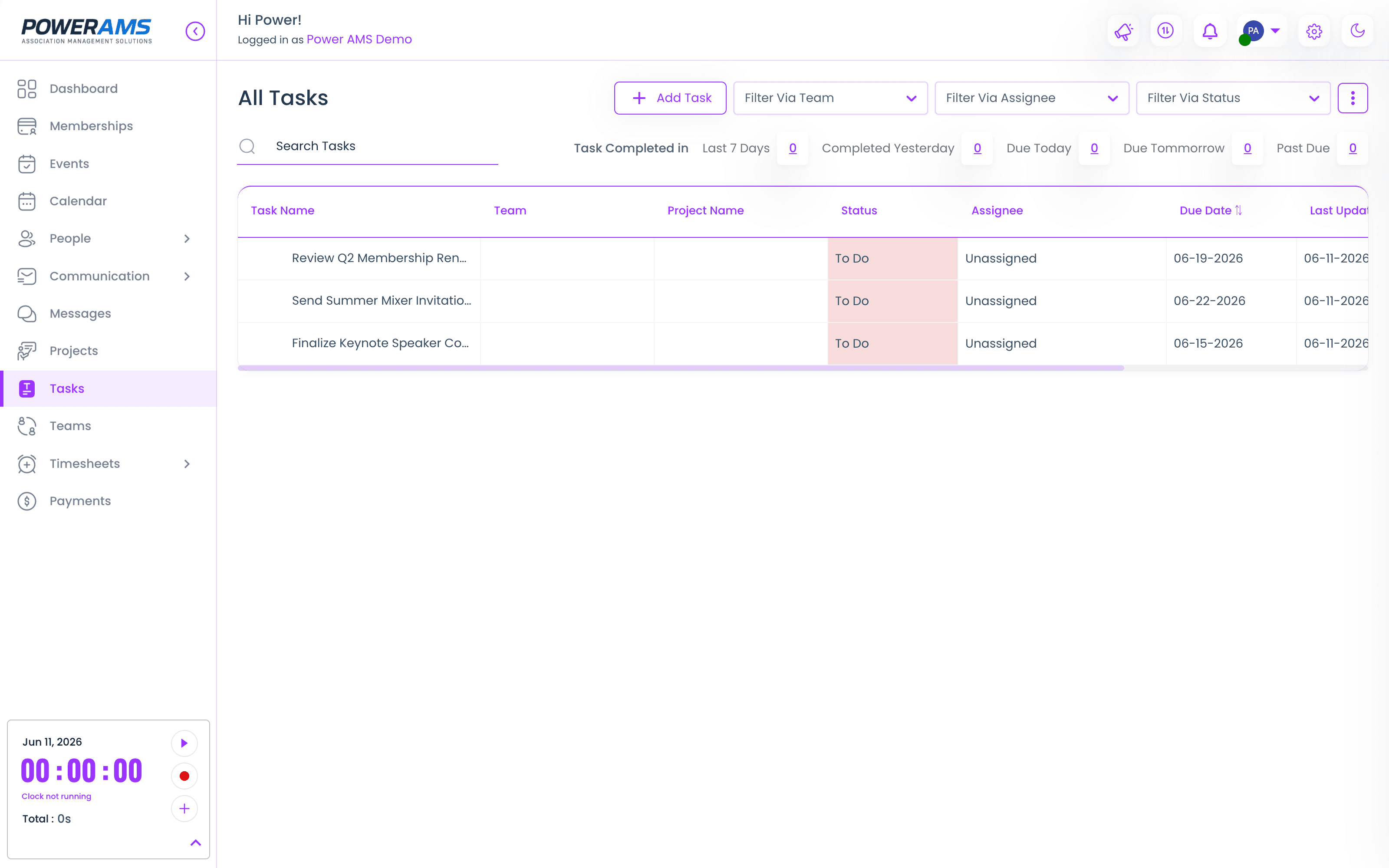 The PowerAMS task board — team tasks with status, assignee, and due dates