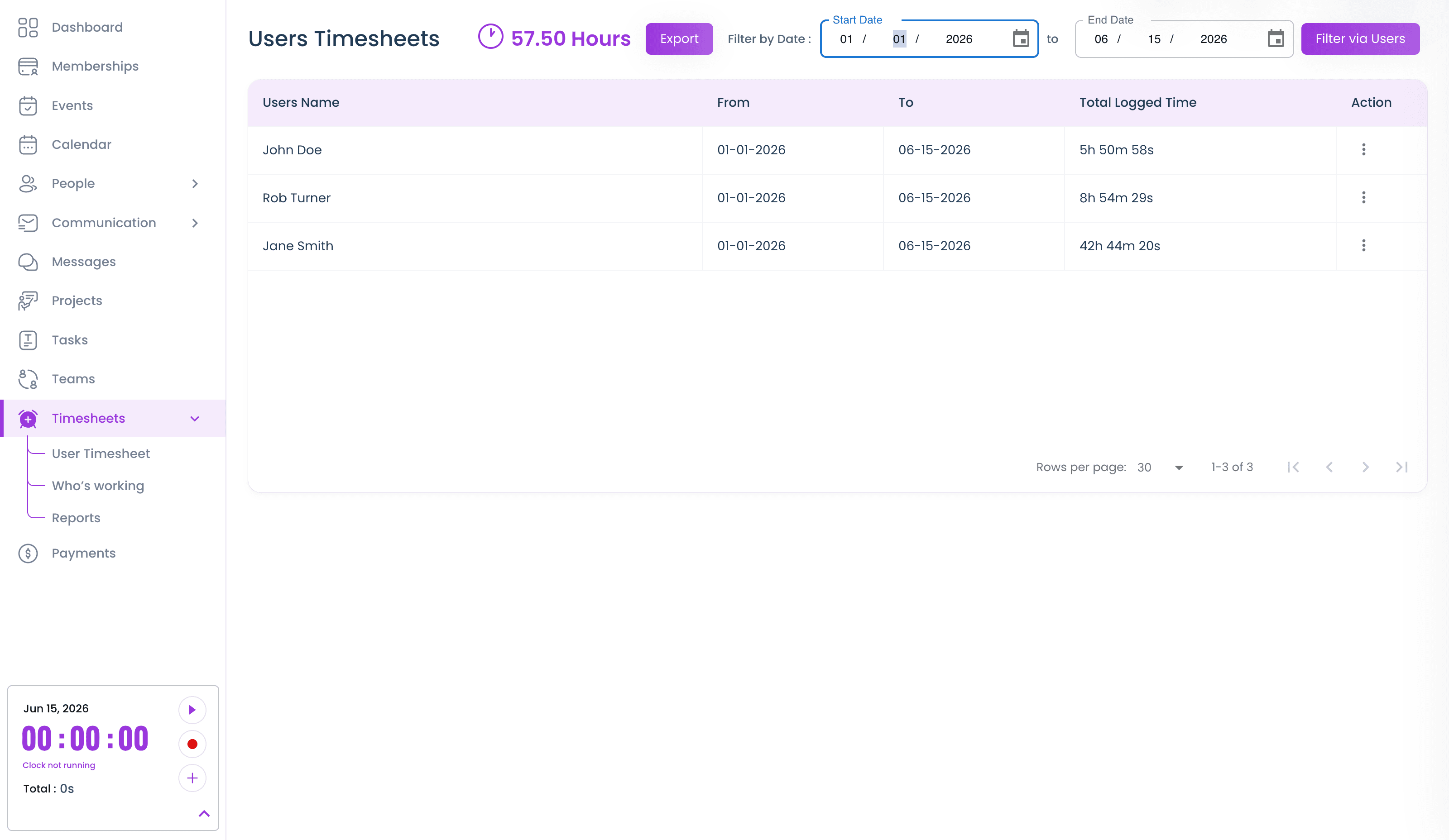 User timesheets in PowerAMS — total hours and per-person logged time over a date range, with export