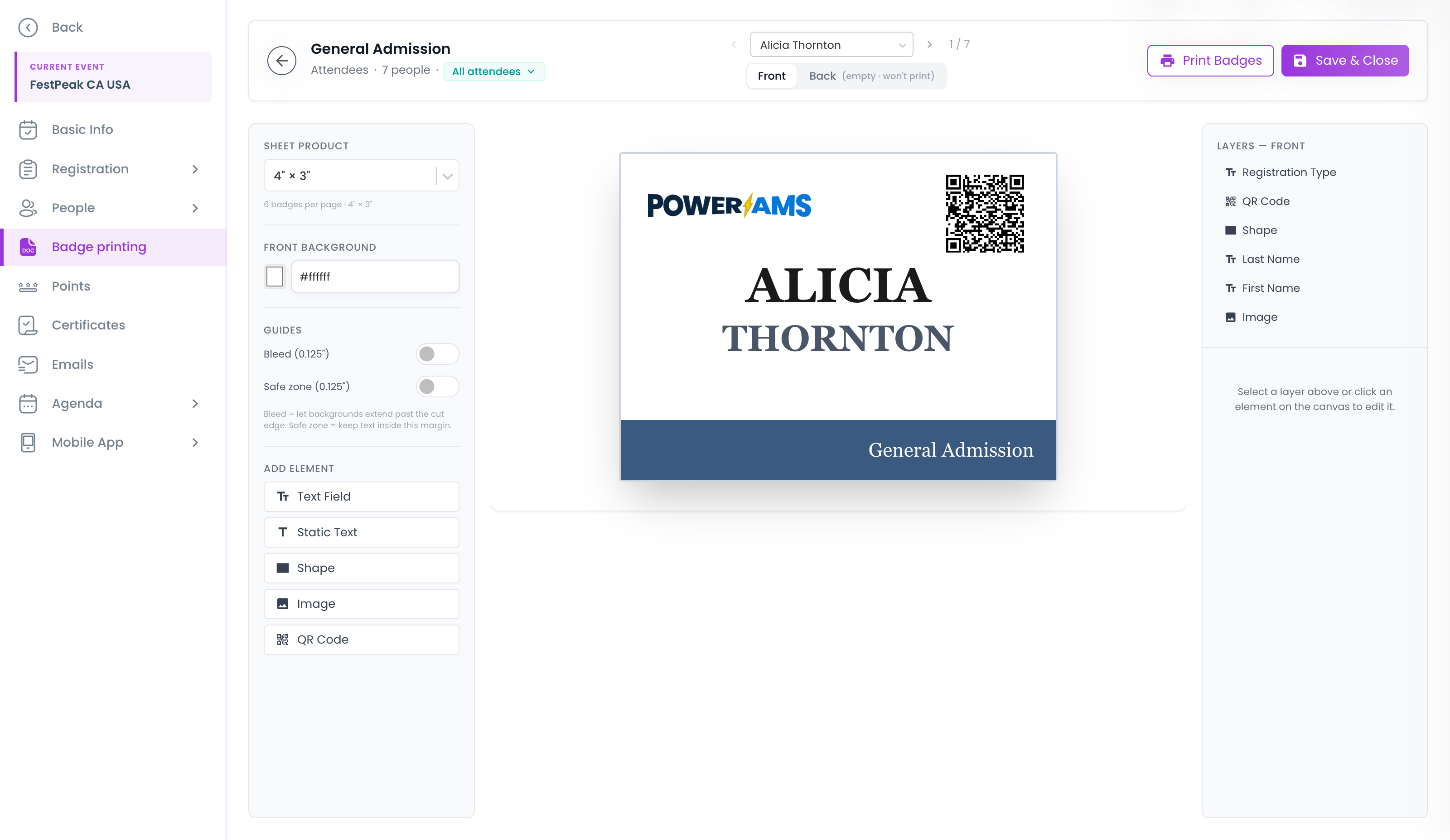 The badge designer — a live attendee badge with name, QR code, and registration type on a 4×3 sheet, with layers and drag-and-drop elements
