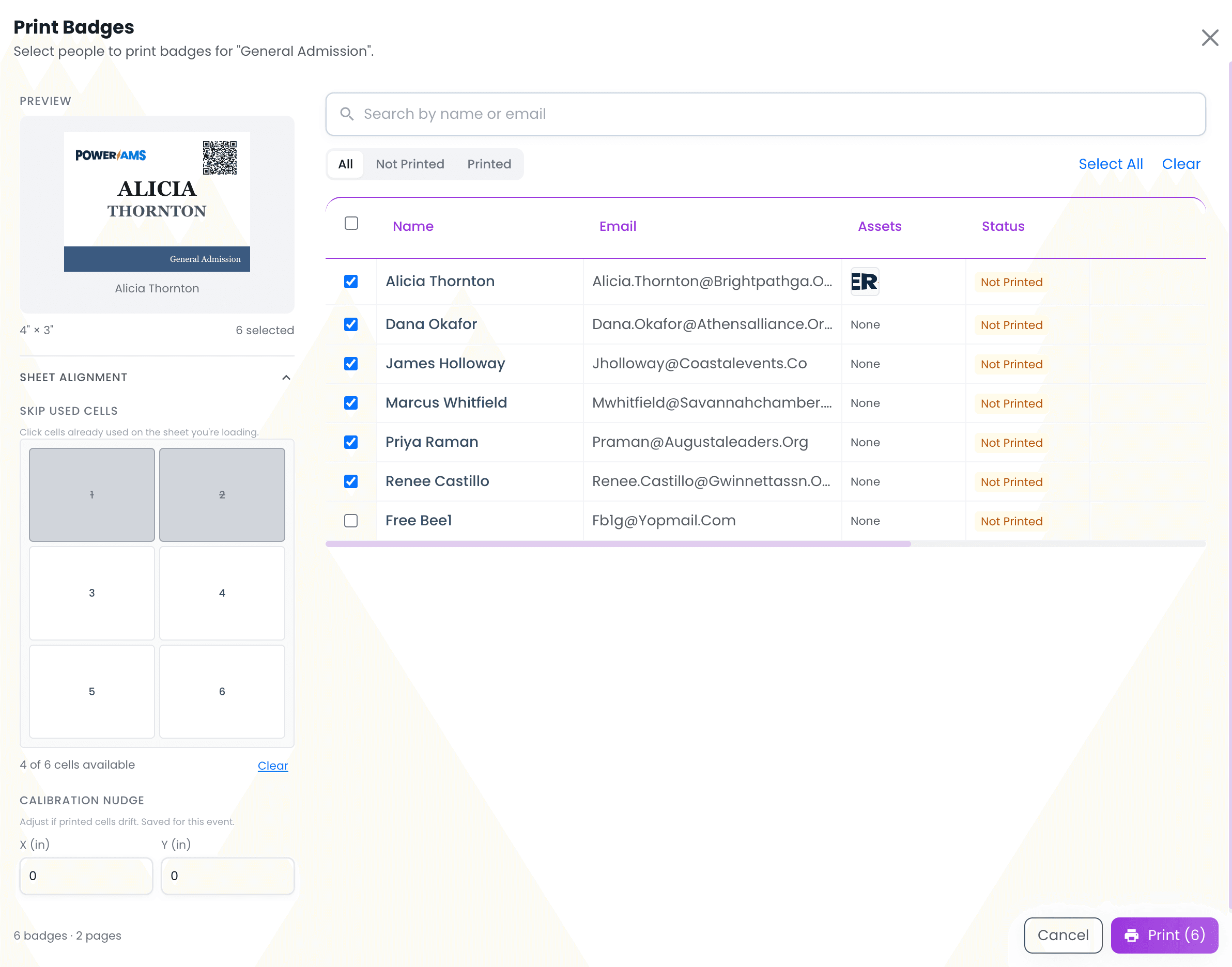 The print dialog — pick attendees, skip already-used sheet cells, and nudge calibration before printing