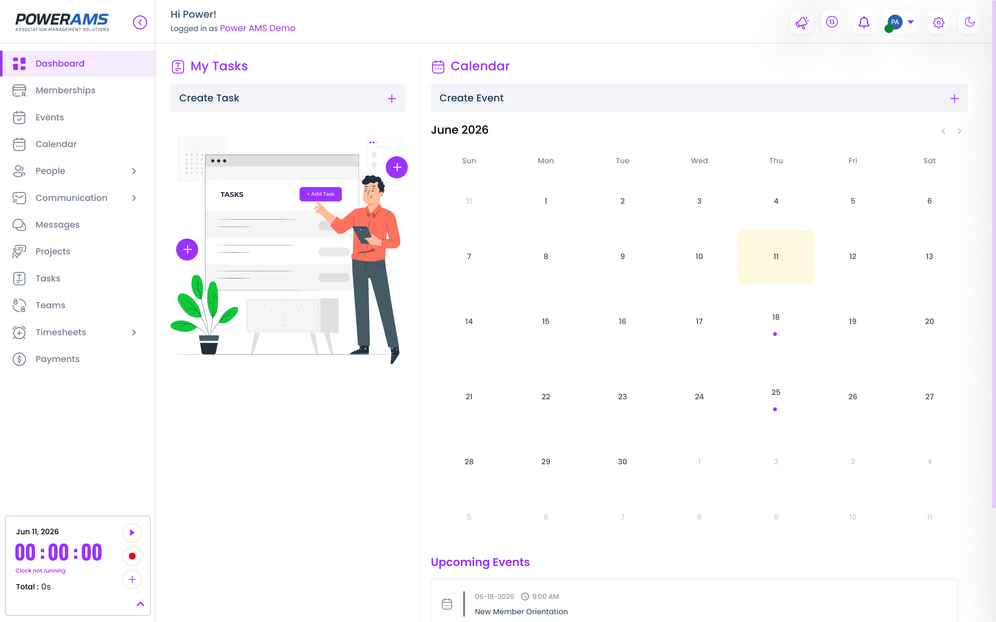 The PowerAMS dashboard — tasks, shared team calendar, and upcoming events in one view