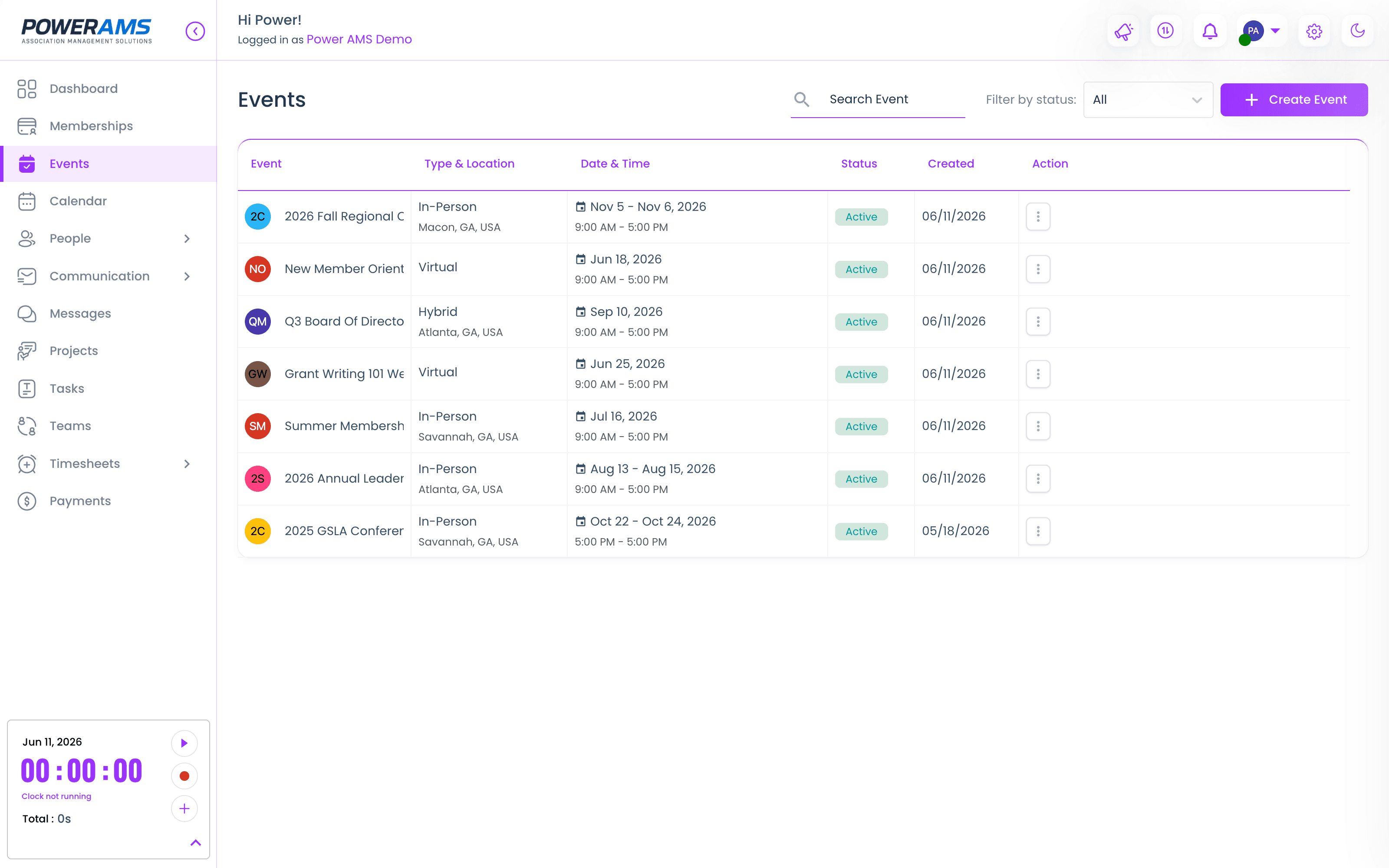 The PowerAMS events console — active events with type, location, dates, and status