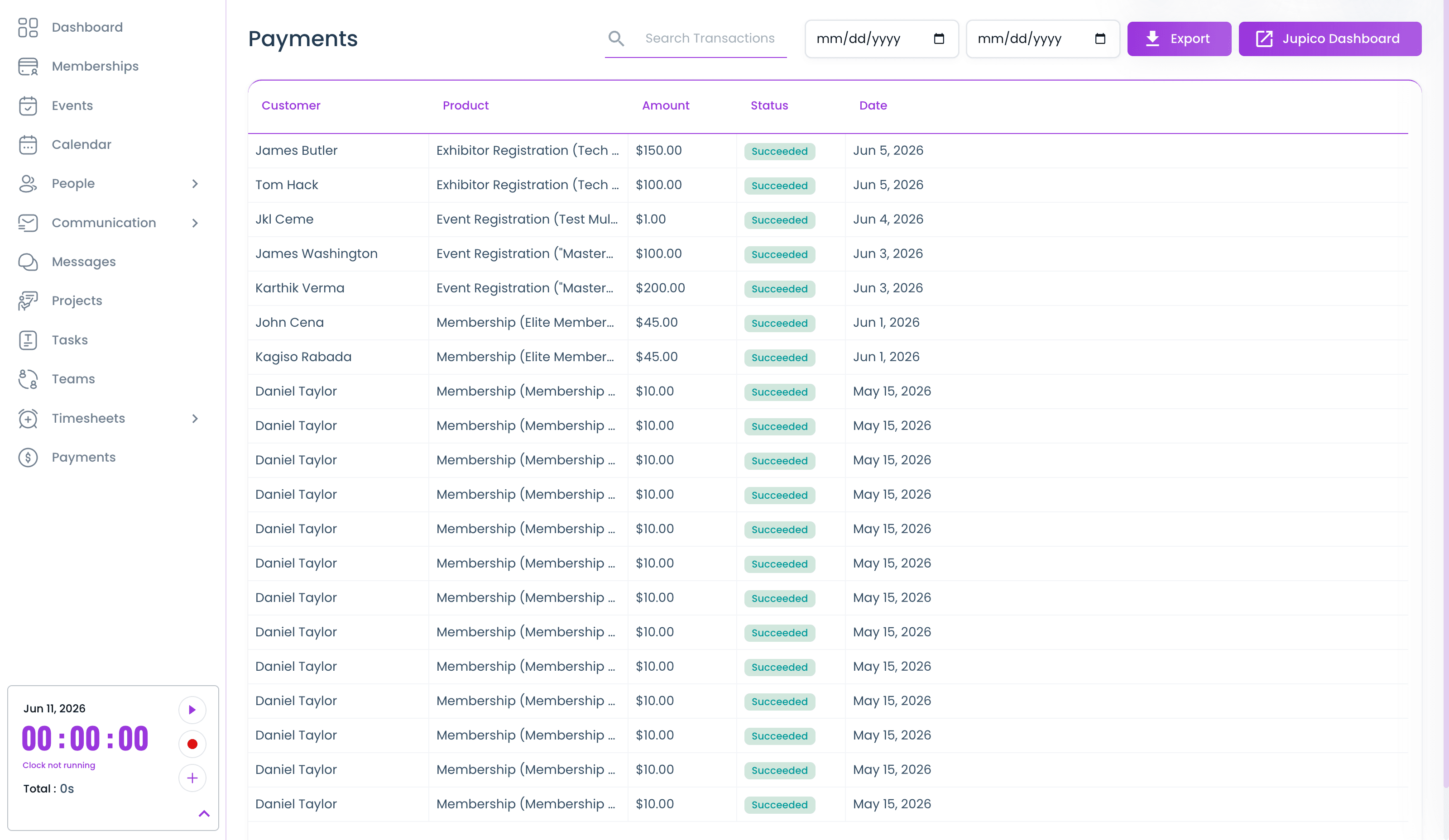 The payments ledger — registrations, exhibitor fees, and membership charges with status and export