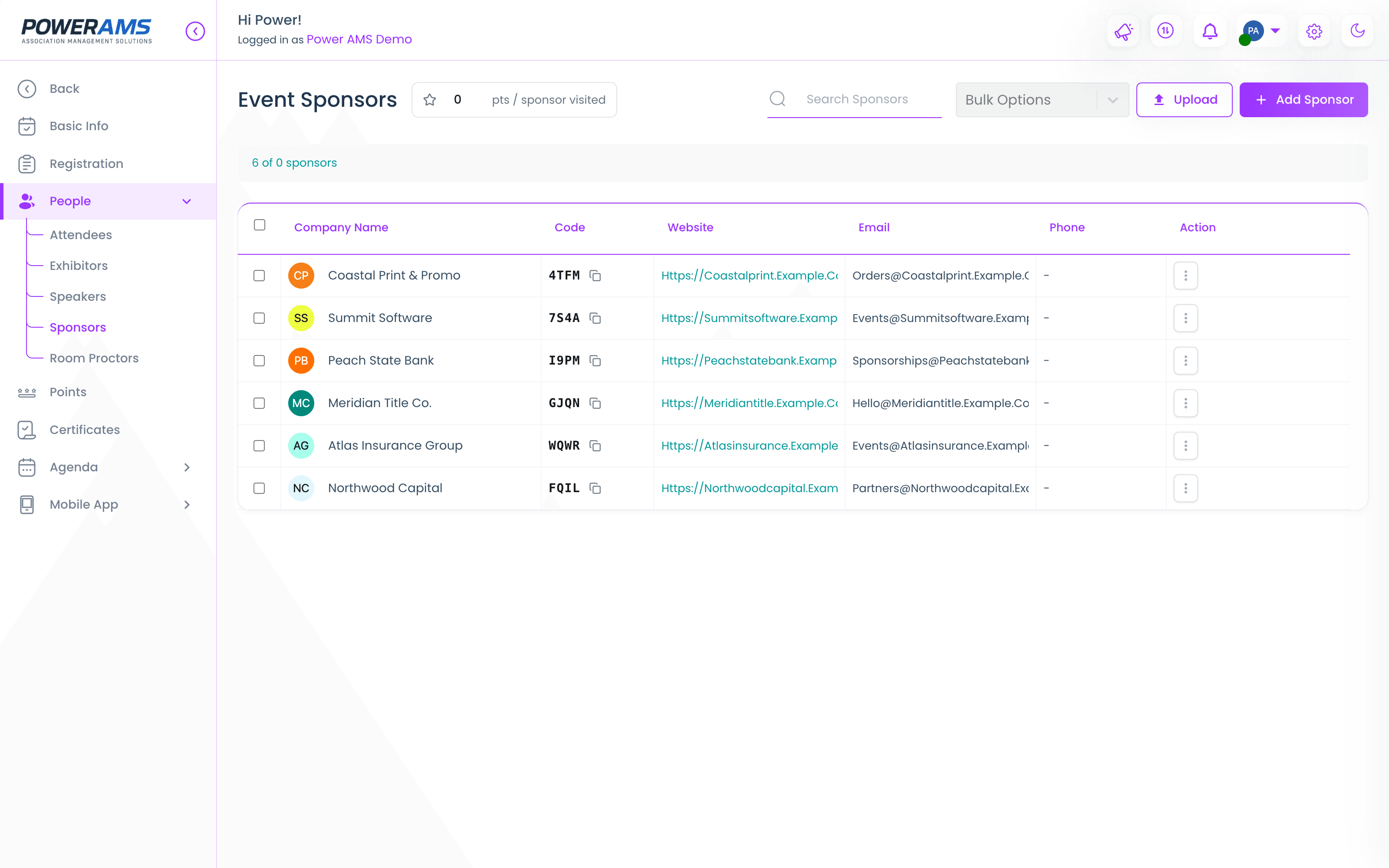 Event sponsors in PowerAMS — each with company profile, website, contact, and a scannable sponsor code